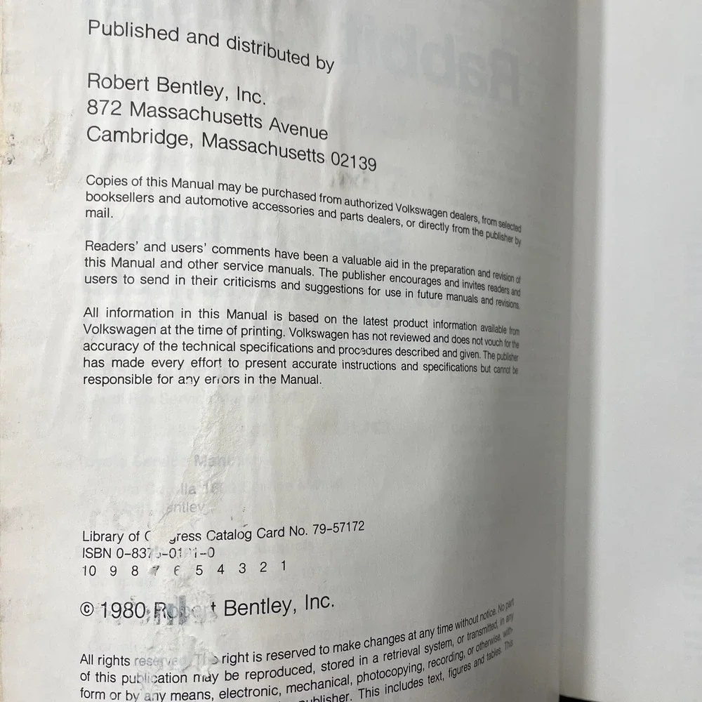 VW Rabbit Diesel Service Manual 1977 1978 1979 1980 (Pickup truck) Bentley